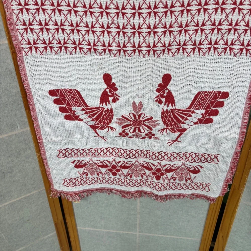 Vintage Rushnik Rostextile Uzor Rushnyk Red White Jacquard Woven Rooster Folk